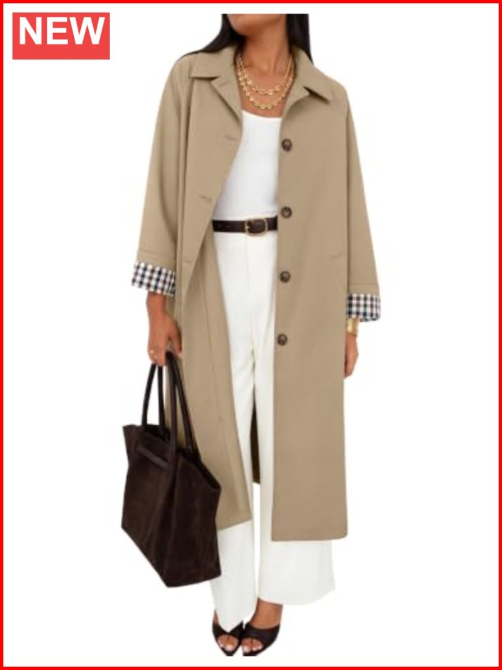 Oversized Windproof Trench Coat with Plaid Lining
